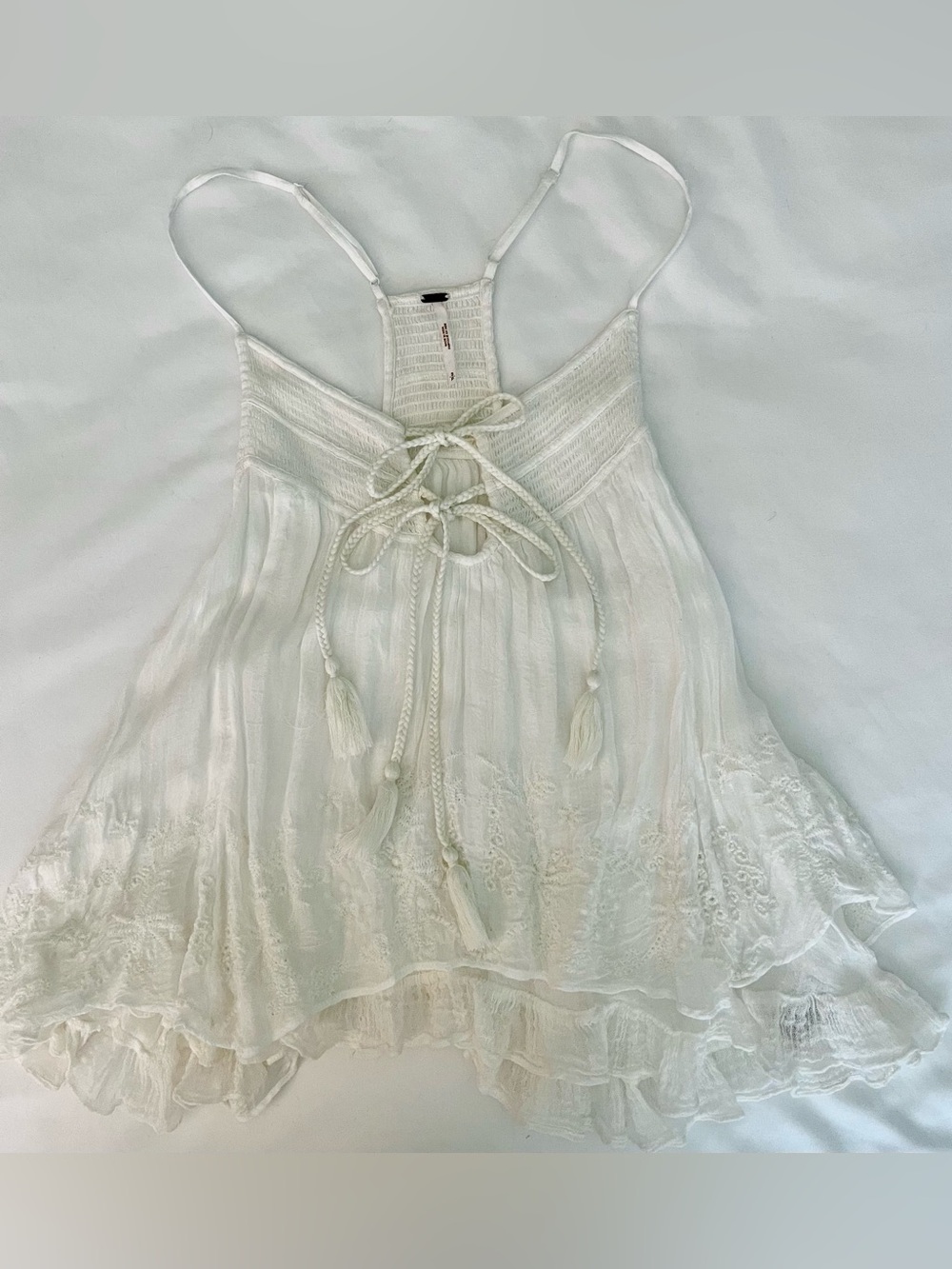 Free People White Eyelet Lace-Trimmed with Pleated Ruched bodice. Boho Tank Top